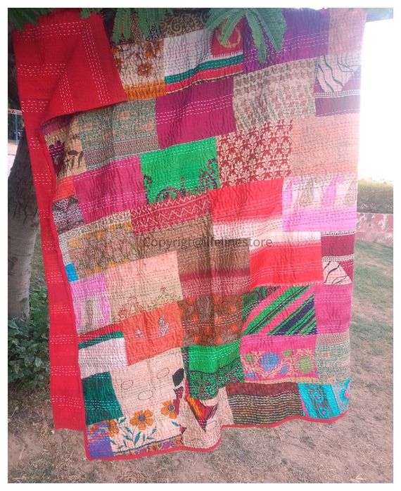 インドのヴィンテージハンドメイドパッチワークカンタキルト - Etsy 日本
