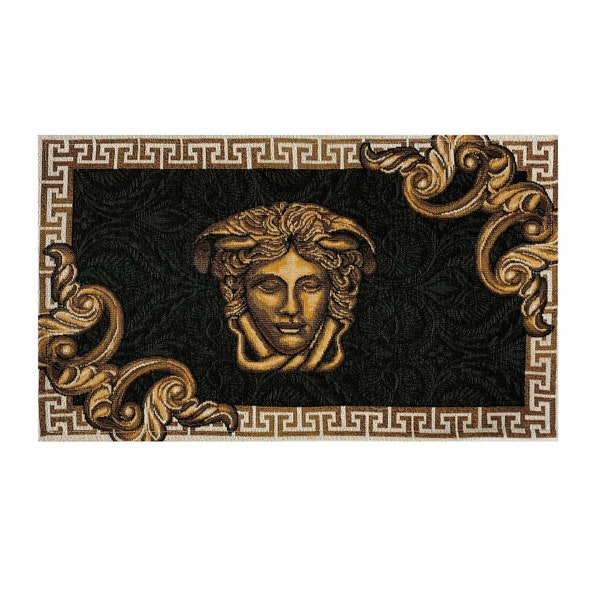 Black And Gold Tapestry Placemat With The Head In Baroque Style. Luxury Home Decoration, Living Room Textile, Gift Idea