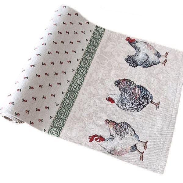 Tapestry Chicken Table Runner. Colourful Roosters Pattern Kitchen Textile Set.