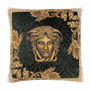 Baroque Style Tapestry Pillowcase With The Head Pattern. Black Cotton Pillow Cover With Gold Monograms, Luxury Home Decor