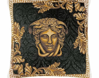 Federa per cuscino in stile barocco con testa di Medusa, lussuosa federa per cuscino nera e oro
