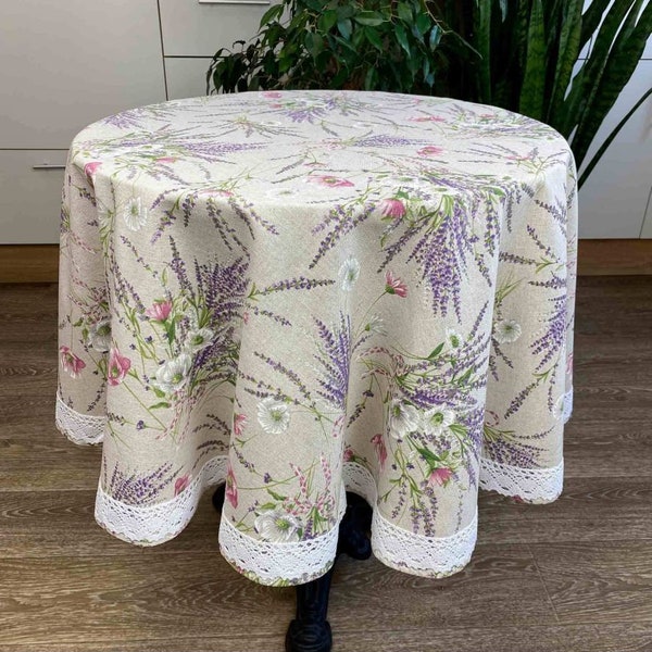 Round Cotton Tablecloth With Lavender Pattern And Lace Edging. Floral, Festive Kitchen Textile Set, Home Decor, Housewarming Present Idea.