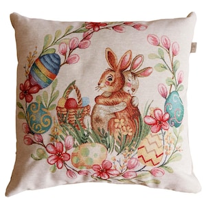 Funda de almohada de tapiz con conejitos y huevos / Funda de almohada festiva de verano, estampado de conejos, decoración de Pascua