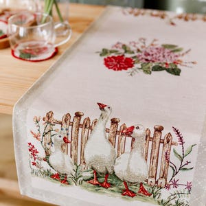 Tapestry Table Runner with Geese and Floral Print | Cottage Linen Table Cover, Country Kitchen Decor, Farmhouse Dining Table Linen