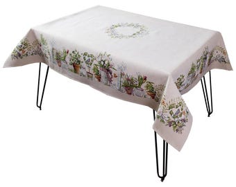 Mantel con estampado de pájaros y flores de jardín de hierbas / Aspecto rústico de lino