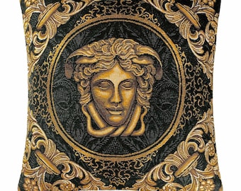 Baroque Pillowcase, Medusa Pillow Cover | Black Gold Tapestry Cushion, Luxury European Style Home Decor