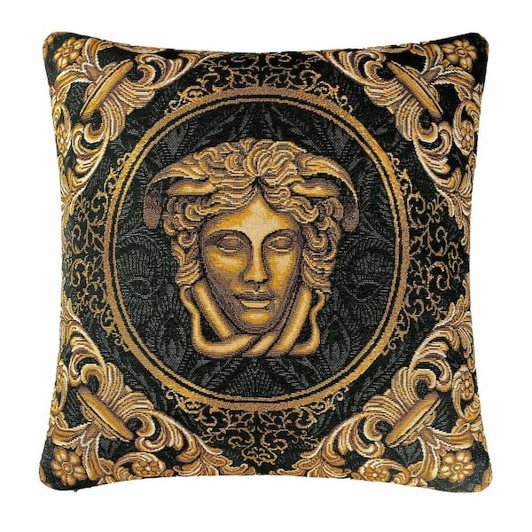 Black And Gold Tapestry Pillowcase With The Head In Baroque Style. Luxury Home Decor, Living Room Textile.