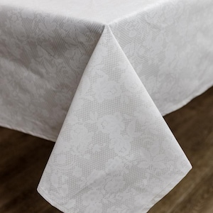 White Water-Repellent Tablecloth With Roses And Lace Pattern | Festive Home Decor, Waterproof Kitchen Textile