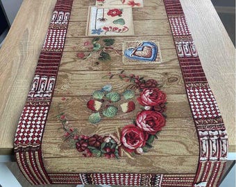 Heart Table Runner – Brown Tapestry Table Cover, Valentine’s Day Decor, Cottage Farmhouse Style