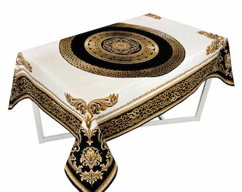 Tovaglia arazzo con cerchio dorato – Biancheria da tavola di lusso in stile barocco con stampa a medaglione