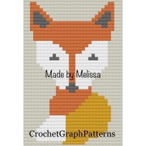 May include: A crochet pattern for a fox with orange, white, gray, and yellow colors. The pattern is titled "Made by Melissa" and "CrochetGraphPatterns".