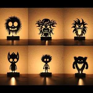 Niedliche Monster Kerzenhalter, Laternenmuster aus Holz, Laser- und Cnc-Schneiden, Teelichthalter, DXF, SVG, EPS, Ai-Dateien, Schatten - Light Box
