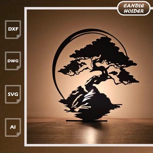 Japanischer Bonsai-Baum Kerzenhalter | Zen Laterne Laser Cut Vorlage SVG DXF Digitaler Download