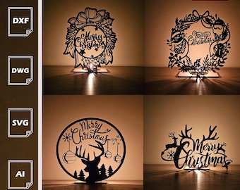 Merry Christmas Wreath Candle Holder Set | 4 Laser Cut SVG (Digital Download)