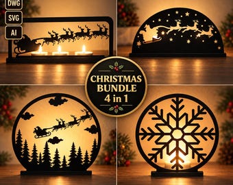 Pode incluir: Um conjunto de Natal 4 em 1 de quatro castiçais de metal preto com designs cortados a laser do Pai Natal num trenó com renas, um floco de neve e pinheiros. Inclui os textos DXF, DWG, SVG, AI e CANDLE HOLDER.
