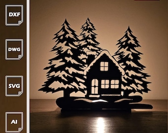 Snowy Cabin Candle Shadow | Home Decor SVG for Laser Cutter (Digital Download)