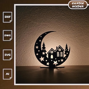 Winter Moonlight Scene | Winter Village Candle Holder SVG DXF AI (Digital Download)