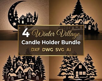 4 Winter Village Candle Holder Bundle | Laser Cut SVG Files (Digital Download)