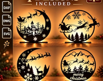 Könnte beinhalten: Vier schwarze Metall-Kerzenhalter-Designs mit Weihnachtsszenen, darunter der Weihnachtsmann, Rentiere, Schlitten und verschneite Wälder. Der Text 4 DESIGNS INCLUDED, DXF, DWG, SVG und CANDLE HOLDER ist sichtbar. Jede Silhouette ist beleuchtet.