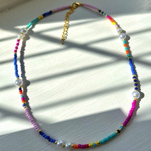 Funky Pearl Beaded Necklace | Seed Bead | Choker | Boho | Indie | y2k | Bright | Colourful | Summer | Pearl | 90s | Fun