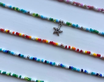 Multi Colour Seed Bead Necklaces | Choker | Summer | Minimal Jewellery | Layer Necklace | Star Fish Charm | Pink Blue Green Red |