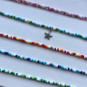 Multi Colour Seed Bead Necklaces | Choker | Summer | Minimal Jewellery | Layer Necklace | Star Fish Charm | Pink Blue Green Red |