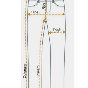 May include: Diagram showing key measurements for pants, including waist, hips, rise, thigh, inseam, outseam, and leg opening.