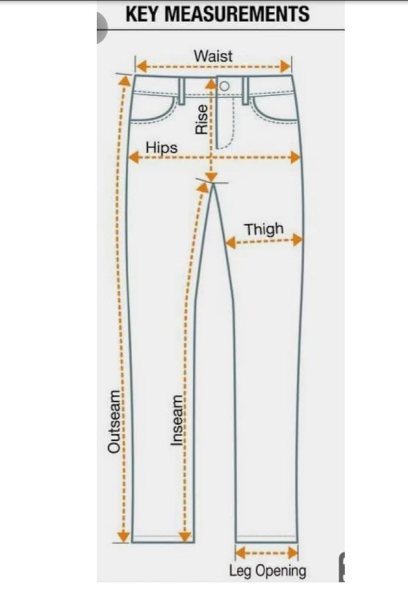 May include: Diagram showing key measurements for pants, including waist, hips, rise, thigh, inseam, outseam, and leg opening.