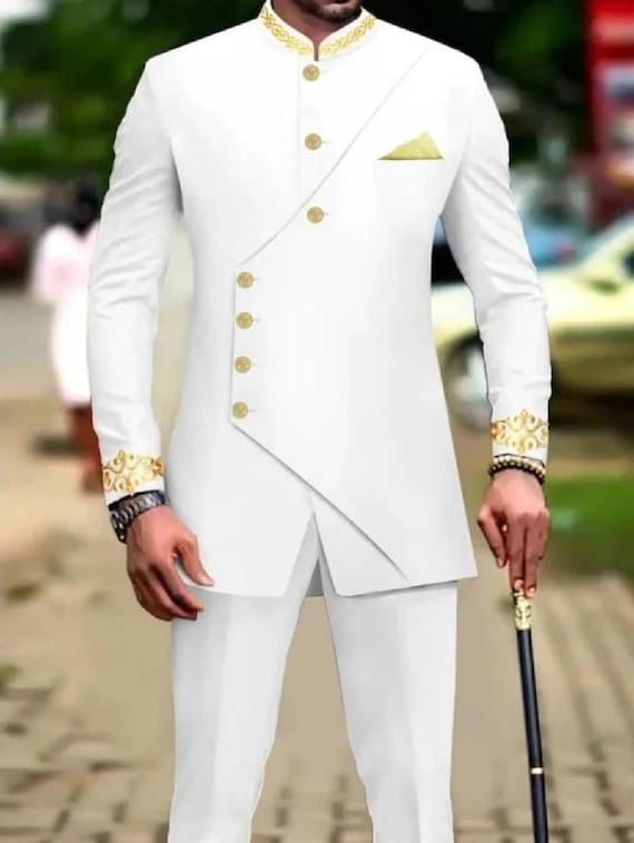 African Traditional Clothing With Gold Embroidery, African Men's Kaftan/2  Piece Dress/men Suit Attire/native Wear/groom Latest Suit/senator - Etsy