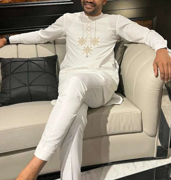 2pcs White With Gold Embroidery African Men Outfit,dashiki,unisex Suit,  Wedding Dress/gift for Him/custom or Personalized/top and Pants - Etsy