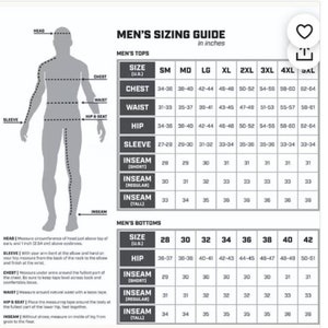 May include: A men's sizing guide chart with measurements in inches for tops and bottoms. The chart includes sizes from small to 5XL.