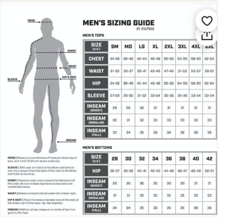 May include: A men's sizing guide chart with measurements in inches for tops and bottoms. The chart includes sizes from small to 5XL.
