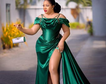 emerald green african dress Emerald Green Beaded African Dress: Women's Prom, Evening, or Red Carpet Gown