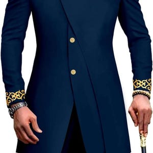 May include: A navy blue suit with gold trim and buttons. The suit has a mandarin collar and a long, flowing jacket. The jacket has a single button closure and a pocket on the left side. The pants have a straight leg.