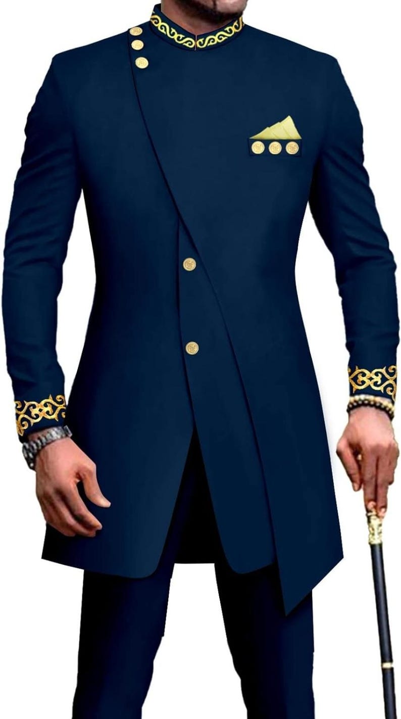May include: A navy blue suit with gold trim and buttons. The suit has a mandarin collar and a long, flowing jacket. The jacket has a single button closure and a pocket on the left side. The pants have a straight leg.