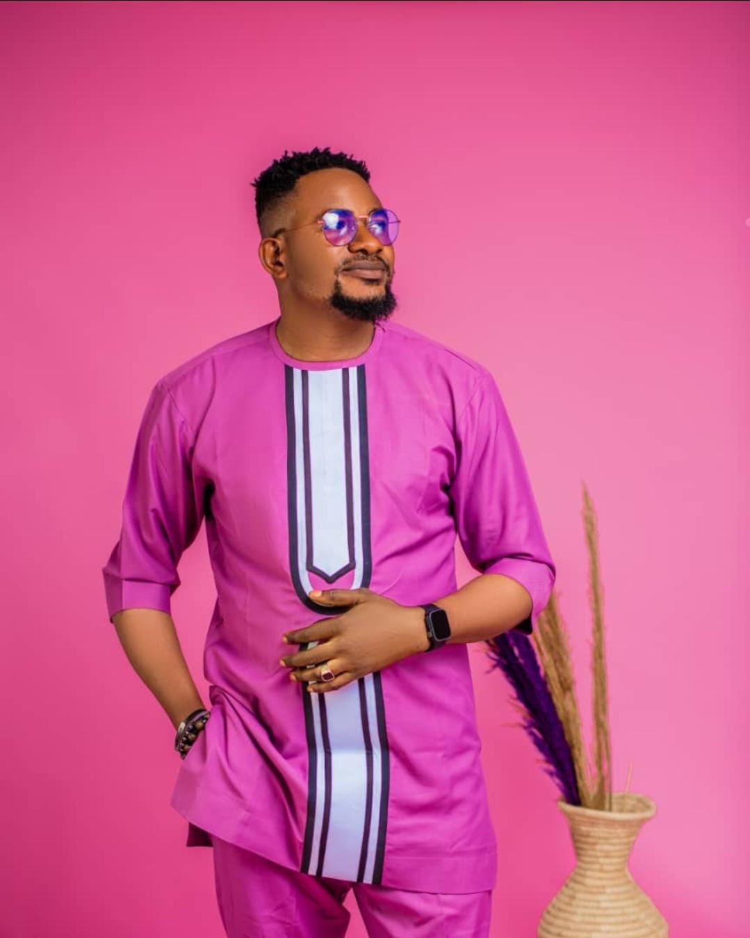 Pink African Men's Suit Handmade Long Sleeve Modern Outfit