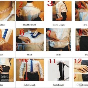 May include: Diagram showing how to measure different body parts for tailoring, including neck, shoulder, sleeve, arm, wrist, chest, belly, waist, hips, jacket length, and pants length.
