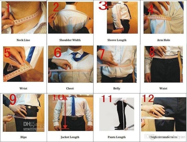 May include: Diagram showing how to measure different body parts for tailoring, including neck, shoulder, sleeve, arm, wrist, chest, belly, waist, hips, jacket length, and pants length.