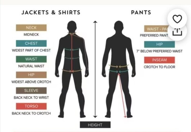 May include: Diagram showing how to measure different parts of the body for jackets, shirts, and pants. Measurements include neck, midneck, chest, waist, hip, sleeve, torso, inseam, and height.