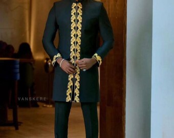 Henry Black & gold men suit/Senator wear/African clothing/African men clothing/African men shirt /dashiki/Kaftan/prom/groom suit