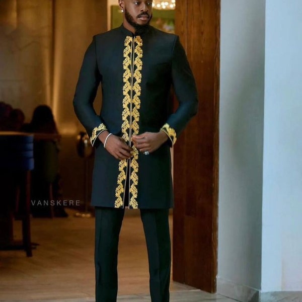 Henry Black & gold men suit/Senator wear/African clothing/African men clothing/African men shirt /dashiki/Kaftan/prom/groom suit