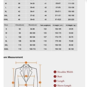 May include: Size chart for a blazer with measurements in inches and centimeters. The chart includes chest, waist, pant length, fit height, and fit weight. A diagram shows the measurements for shoulder width, bust, length, sleeve length, and waist.