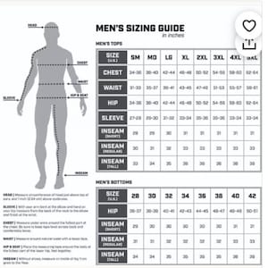 May include: A men's sizing guide chart with measurements in inches for tops and bottoms. The chart includes sizes from small to 5XL.