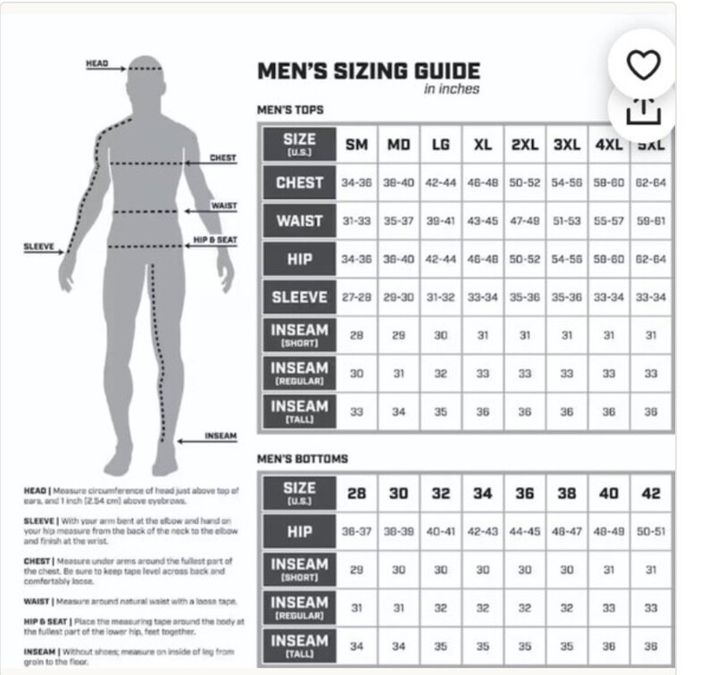 May include: A men's sizing guide chart with measurements in inches for tops and bottoms. The chart includes sizes from small to 5XL.