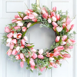 Pink tulip wreath for front door, spring wreath with seeded dusty miller, Easter Gift, Mother's Day Gift,