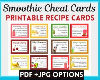 May include: Printable recipe cards for smoothies with colorful illustrations and ingredient lists for each smoothie flavor. Flavors include Strawberry-Veggie, Lemon Ginger, Green Smoothie, Raspberry Milkshake, Sweet Cherry, Silky Chocolate, Chocolate Milkshake, Mango-Spinach, Banana Oatmeal, Cherry-Avocado, Strawberry Milkshake, and Low-Sugar Banana.