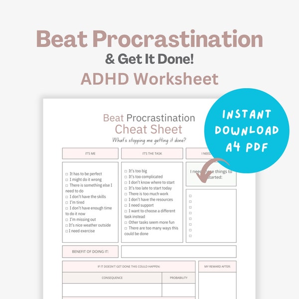 Stop procrastinating, ADHD Focus, Overcome Procrastination, CBT for procrastination pdf, ADHD Distraction, Executive Dysfunction Worksheet