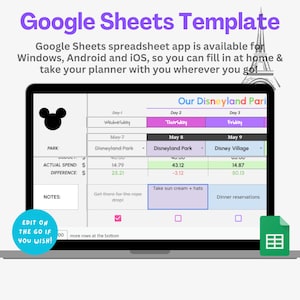 May include: A Google Sheets spreadsheet template for planning a trip to Disneyland Paris. The template includes sections for park, actual spend, difference, notes, and daily activities. The template is designed to be used on a laptop or tablet.