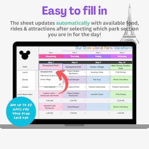 May include: A laptop screen displaying a printable planner for a Disneyland Paris vacation. The planner includes a daily schedule for each day of the trip, with sections for park, lunch, dinner, snacks, and lunch reservations. The planner also includes a section for adding up to 20 rides for each day. The screen shows the planner for May 7th, 8th, 9th, and 10th. The planner is titled "Our Disneyland Paris Vacation Planner".