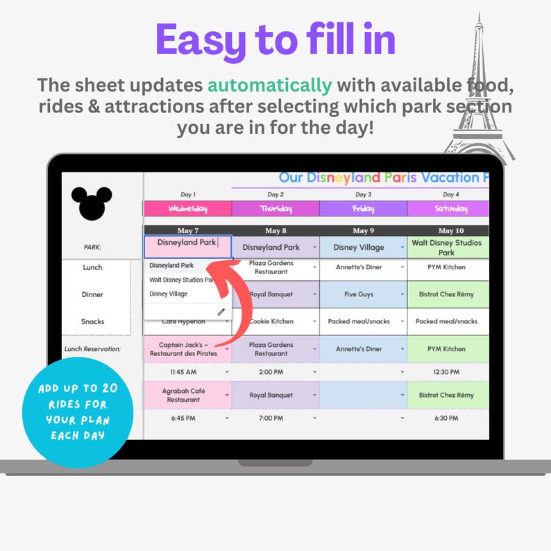 May include: A laptop screen displaying a printable planner for a Disneyland Paris vacation. The planner includes a daily schedule for each day of the trip, with sections for park, lunch, dinner, snacks, and lunch reservations. The planner also includes a section for adding up to 20 rides for each day. The screen shows the planner for May 7th, 8th, 9th, and 10th. The planner is titled "Our Disneyland Paris Vacation Planner".
